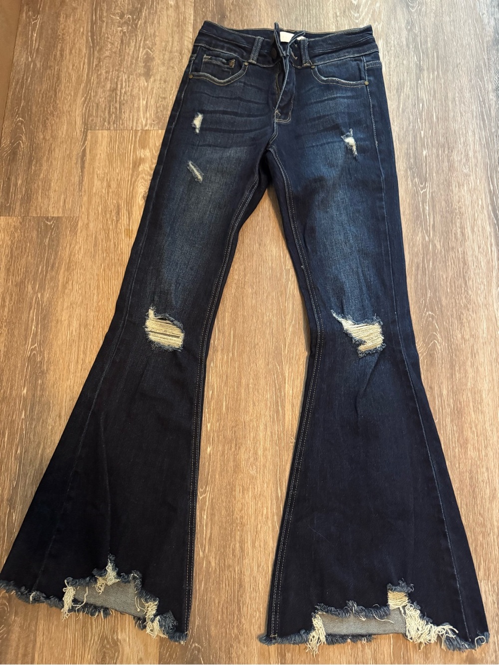 Petra 153 Distressed Dark Wash Flare Jeans Raw Hem Size 24
